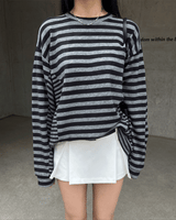 テンダーフロー ストライプ カラーブロック シングルブレスト長袖 Tシャツ (2 colors)