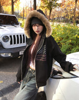 America Dirty Printing Brushed Fur Hood Zip-Up