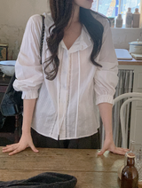 #フリルカラーストラップパフロングスリーブブラウス