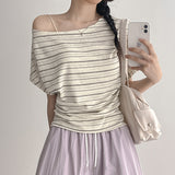 ソフト アンド フレキシブル ハーフオフショルダー ストライプ ショートスリーブ Tシャツ(3 colors)