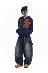 Star Lettering Patch Hoodie Zip-Up - Navy