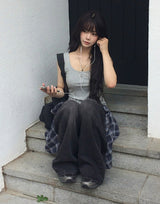 [Shirt + Sleeveless Set] ミロング オーバー フィット チェック カラー シャツ