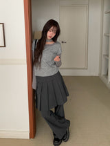 [Muffler Set/Fake Layered] Chad Stripe Layered Short Sleeve Knit T-Shirt Set