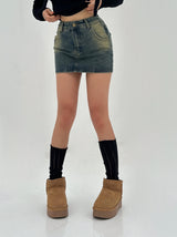 [BELT & INNER SHORTS] AUTUMN DENIM BROWN KHAKI DENIM SKIRT – SK