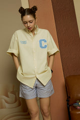 Sky blue C Patch Yellow Oxford short-sleeved Shirt [Unisex]
