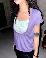 (3color) Deep Shirring U-Neck Flare Short Sleeve Tee