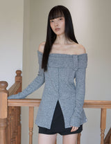 ボタン オフショルダー ニット(GREY)