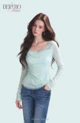 Mint chiffon mesh shirring long-sleeve tee