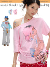 BETWEENAND スラウチーショルダー ライトウェイト カートゥーンガール プリント サマー Tシャツ