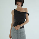 [Cheminte] Shirred Twist Asymmetric Off-Shoulder Sleeveless Top - 3 Colors