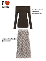 Deep Brown V-neck Off-Shoulder Long-Sleeved Top