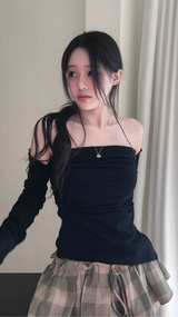 cardi shirring off-shoulder warmer + top set