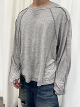 アンバランスネックラインスラッシュカットレイヤードTシャツ(グレー)