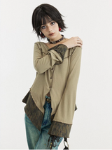 長袖ニッティドTシャツウィズベルスリーブアンドレトロスタイルパッチワークデザイン