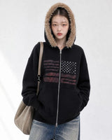 (UNISEX) USA Flag Fur Hood Zip-up