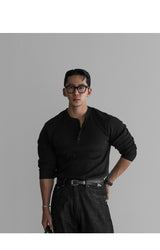 Ribbed Henley Neck Muscle Long Sleeve Knit Tee [Black]