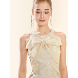 [GirlyFancyClub] Elegant Girl Bowknot Short Skirt Milk Apricot Slim Fit Cold Shoulder Embroidered Lace Dress