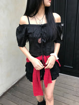 Lovely Note Two-Way Square Neck Off Shoulder Ribbon BLouse
