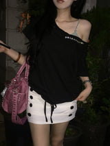 Vintage Button Off Shoulder Tee