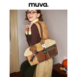 muva. Cowhide‑Velvet Color‑Block Boston Shoulder Bag, Large‑Capacity Premium‑Feel Niche Autumn‑Winter Purse, New Arrival Dec 19