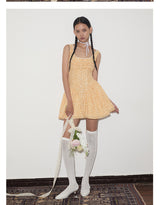 rirri Summer French-Inspired Pure & Alluring Style Retro Vacation100% Cotton Drawstring Waist Tie Dress