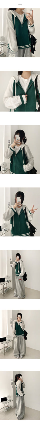 Neck Color Matching Raglan Line Knit Hood Zip-Up