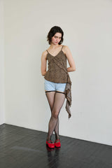 LEOPARD FRILL SLEEVELESS TOP / BROWN