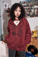レトロプリンティドジッパーフーディドスウェットシャツ