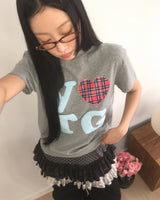 Butu Vintage Heart Check Patch Short-Sleeved T-Shirt