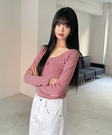 ストライプ Uネック ロングスリーブ ティーシャツ [スリーカラー]