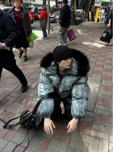 Carrot washed denim embroidered padded coat + black fur