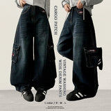 Right street pocket embroidery wide denim pants
