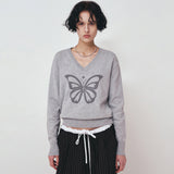 BUTTERFLY V NECK JACQUARD KNIT_GRAY