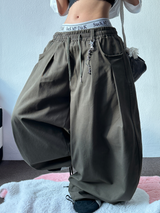 KOREAN/KEYRING 🤎 KEYRING BELT BALLOON WIDE COTTON LONG PANTS 🤎💚💛🖤 - 5 COLORS