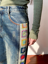 Crochet flower patchwork design, retro washed, loose straight-leg jeans