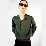 Loose Fit Open Collar Linen Shirt [Khaki]