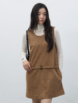 suede belted one-piece - dark beige  