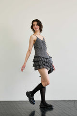 LEOPARD FRILL SLEEVELESS TOP / GRAY
