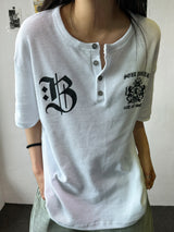 バーシュワッフルヘンリーネックレターグラフィックTシャツ 3カラー