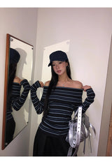 Stripe Slim Off-Shoulder Long-Sleeved Knit T-Shirt