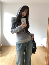 イネボタンラウンドスリムフードTシャツ