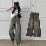 Bolt high waist stitching wide washed denim pants
