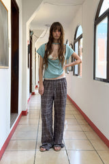 CHECK FRILL PANTS - BROWN