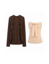 [2PCS] Elly Ruffle Bolero Tie-Detail Tube Top Set Brown Beige