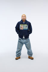 Sound wave artwork damage washing hoodie zip-up (Navy)_1
