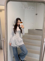 Trendy lace frill long-sleeved shirring T-shirt