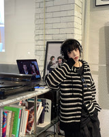 ストライプメッシュニットフードジップアップ