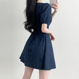 Eto Square Neck Puff Flare Mini Raw Denim One Piece