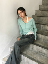 Chloe Button Roll Up 3/4 sleeve 2-Way Vneck (5c)