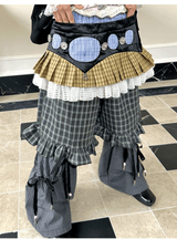 sillysis 青いチェック柄のレースドローストリングポケットパンツ、ゆったりデザイン、金属ボタン、ワイドレッグカジュアルパンツ